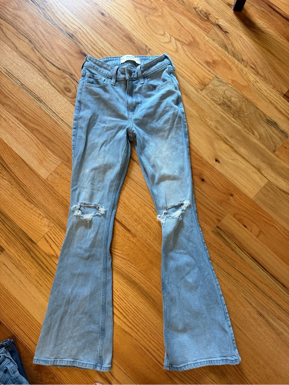 Hollister Light Blue High-Rise Flare Jeans with Knee Distress